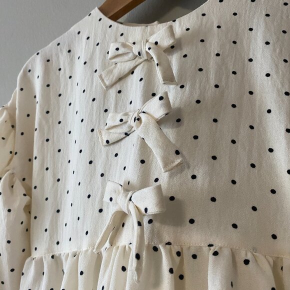 Handmade Children's Black Off White Polka Dot 100% Cotton Front Bows Dress - Picture 13 of 14